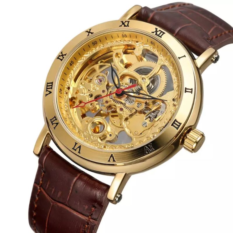 Jam Tangan Forsining Retro Klasik Transparan Automatic Mechanical Golden Luxury Tali Kulit