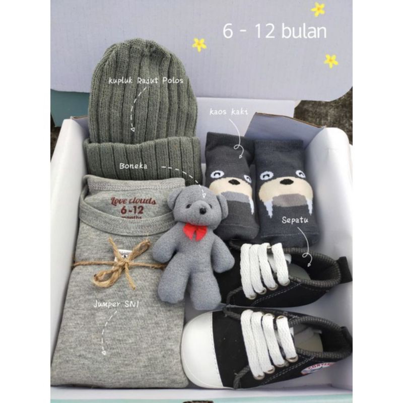 Hampers Bayi Newborn Baby Gift Set Unisex Kado Kelahiran Parcel Bayi Laki-laki Perempuan + Extra Kardus-Premium Abu Polos