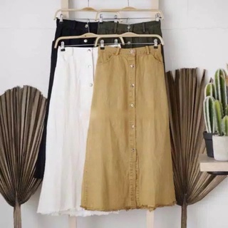 Rok button skirt jeans putih panjang kancing Rok jins denim span