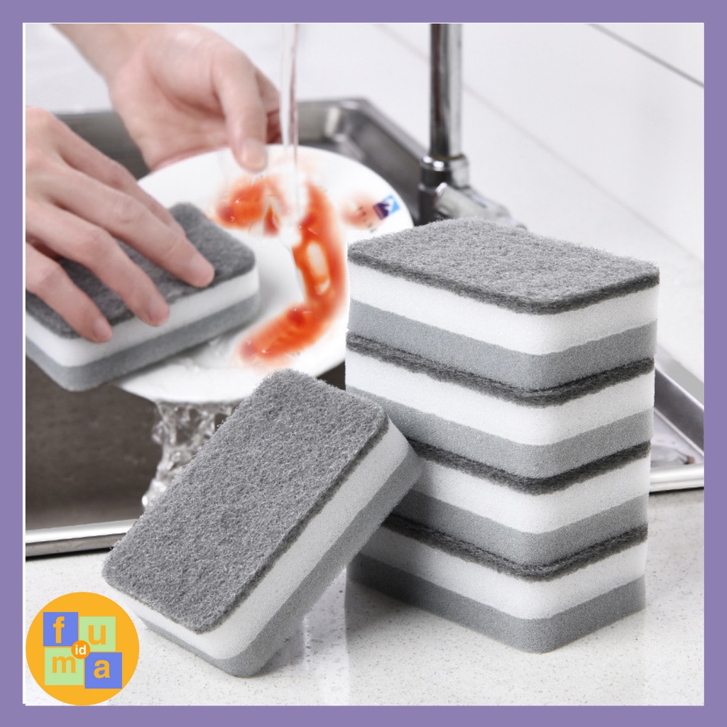 Spons Cuci Piring Dua Sisi Double Magic Dishwash Sponge PIRING SPONGE GELAS SENDOK MAKAN / Double Side Spons Pencuci Piring Serbaguna , SPON CUCI PIRING 2 Sisi Warna Abu / Spons busa cuci piring minyak 2 sisi