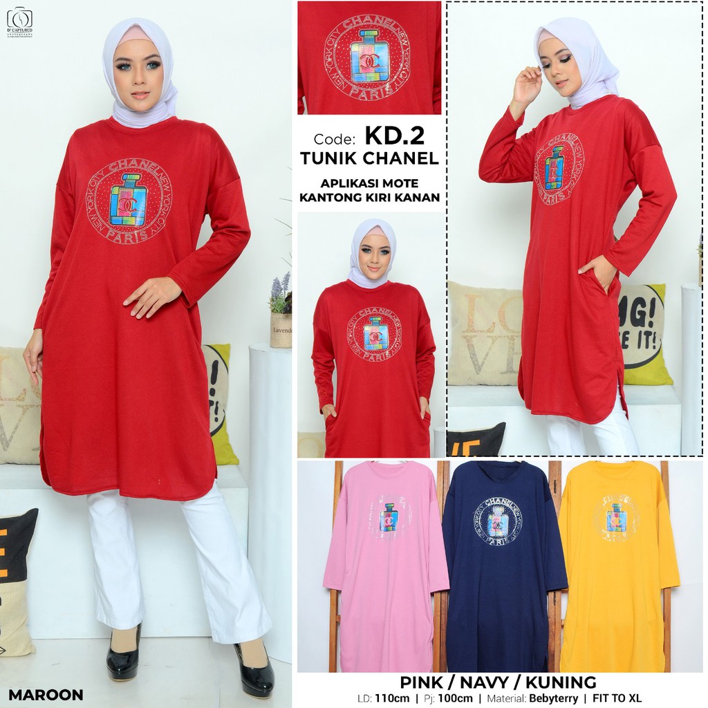 baju pakaian wanita cewek tunik lengan panjang motif chanel