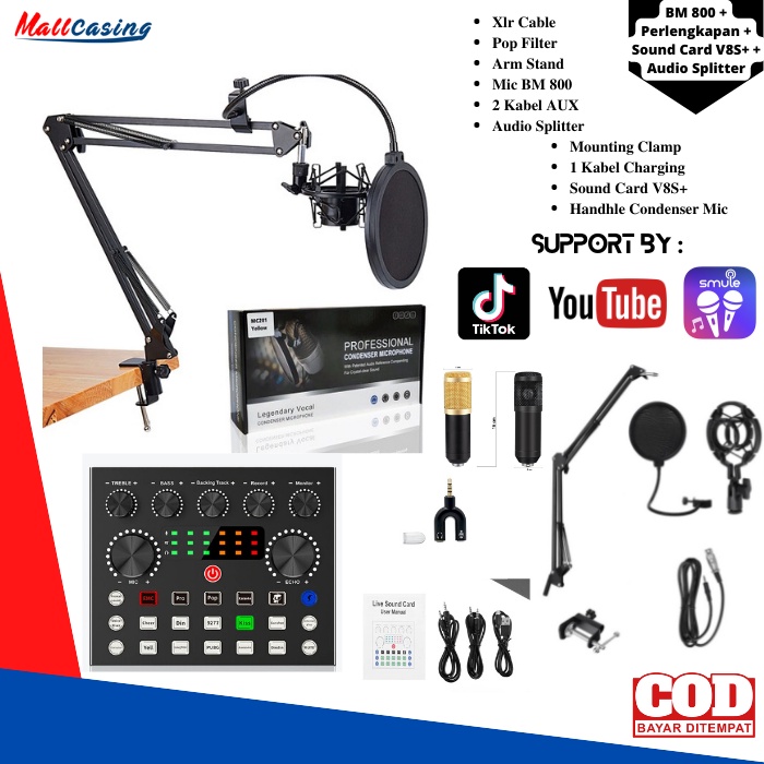 PAKET KARAOKE KUMPLIT MICROPHONE RECORDING CONDENSER BM 800 / BM8000 STAND + SOUNDCARD V8 + FREE AUDIO SPLITTER