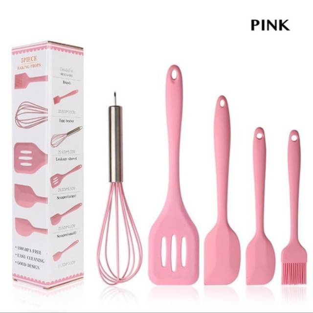 Set alat masak spatula silikon 5 in 1, spatula silicone cooking set Food Grade anti panas