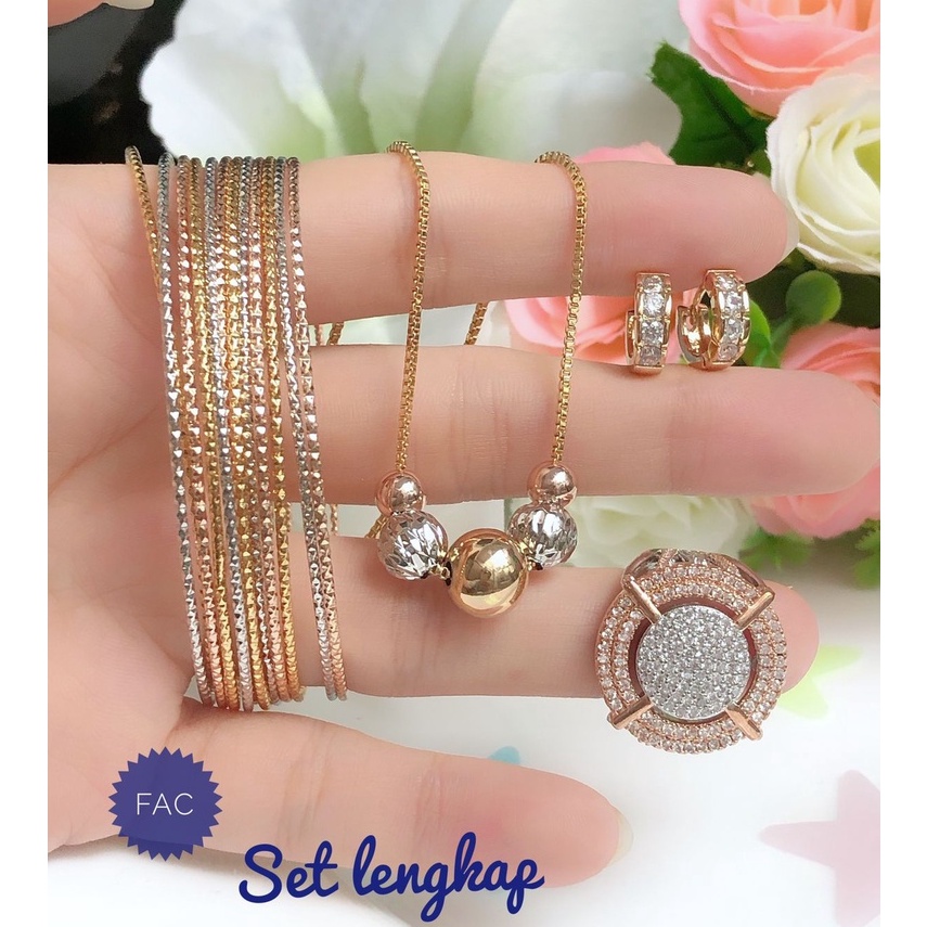 (MEI) TERMURAH Set Perhiasan Xuping Lapis Emas Gelang Ring Keroncong Kalung Anting Cincin Mewah Warn