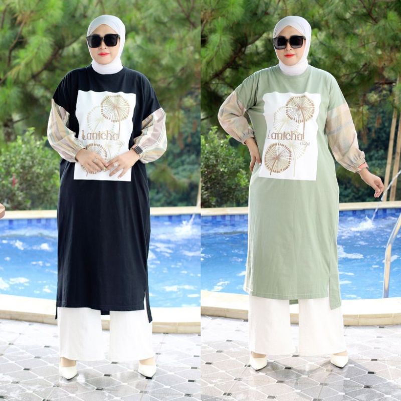 Lanicha Tunik Kombinasi Original / Long Tunik Kaos  Lanicha / Kaos Tunik Lengan Panjang / Midi Dress