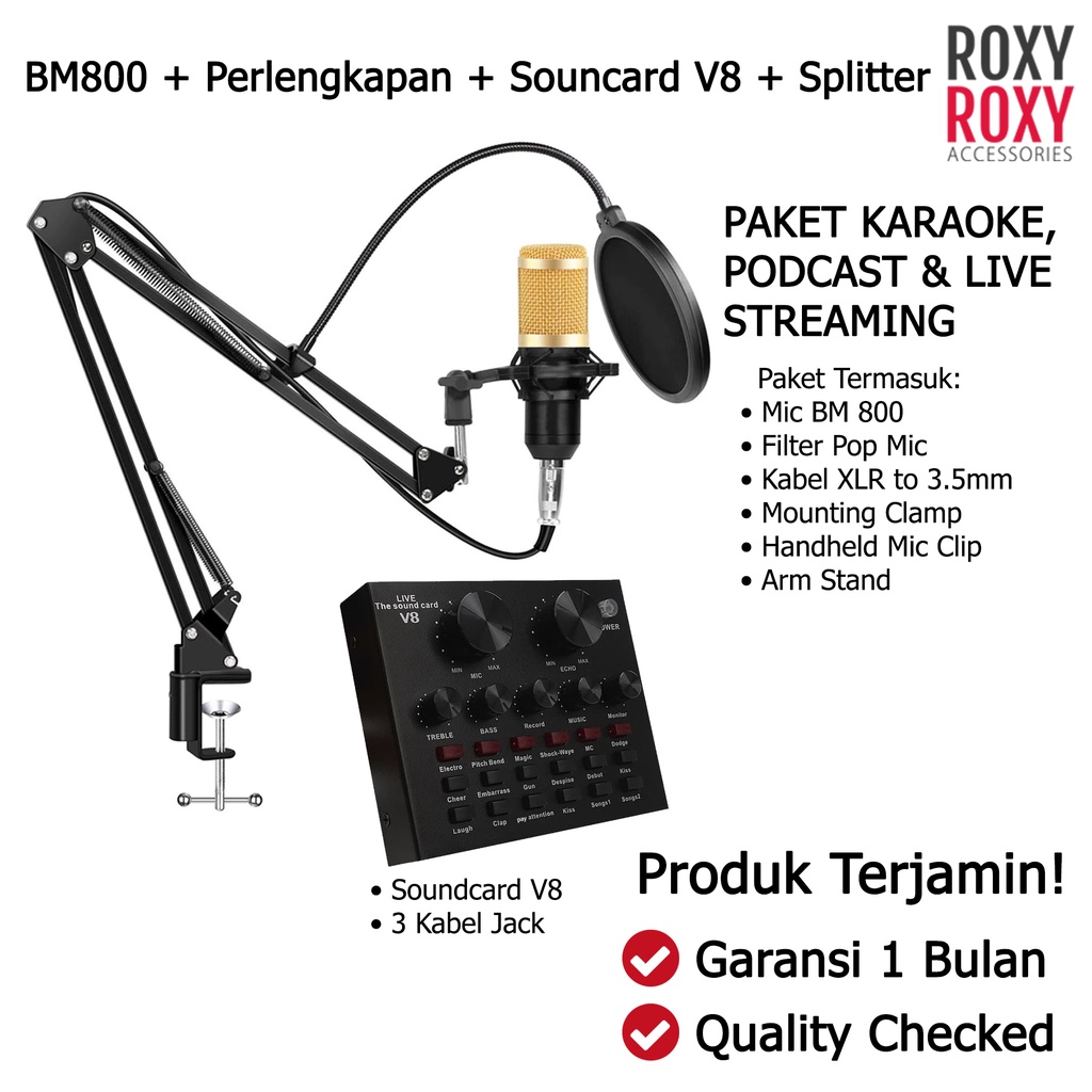 Paket Microphone BM 800 Condenser + Stand Fullset Paket Soundcard V8 Free Audio Splitter