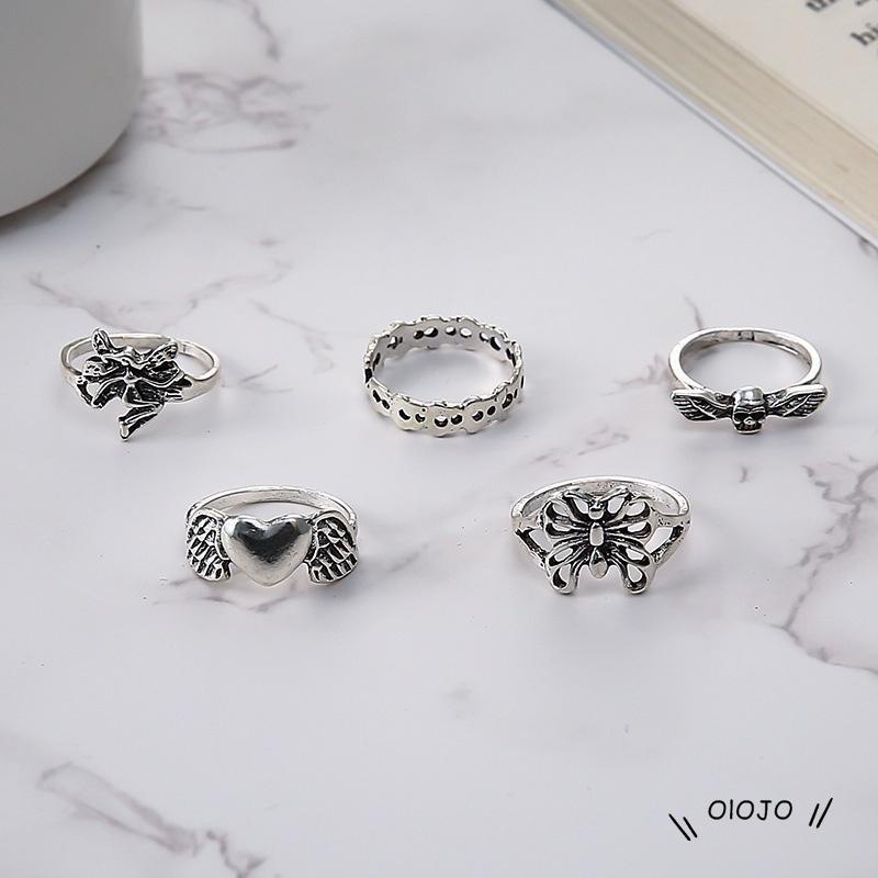 【COD】5pcs / Set Cincin Model Terbuka Desain Kerangka Kupu-Kupu Hati Hollow Out Gaya Vintage Kreatif