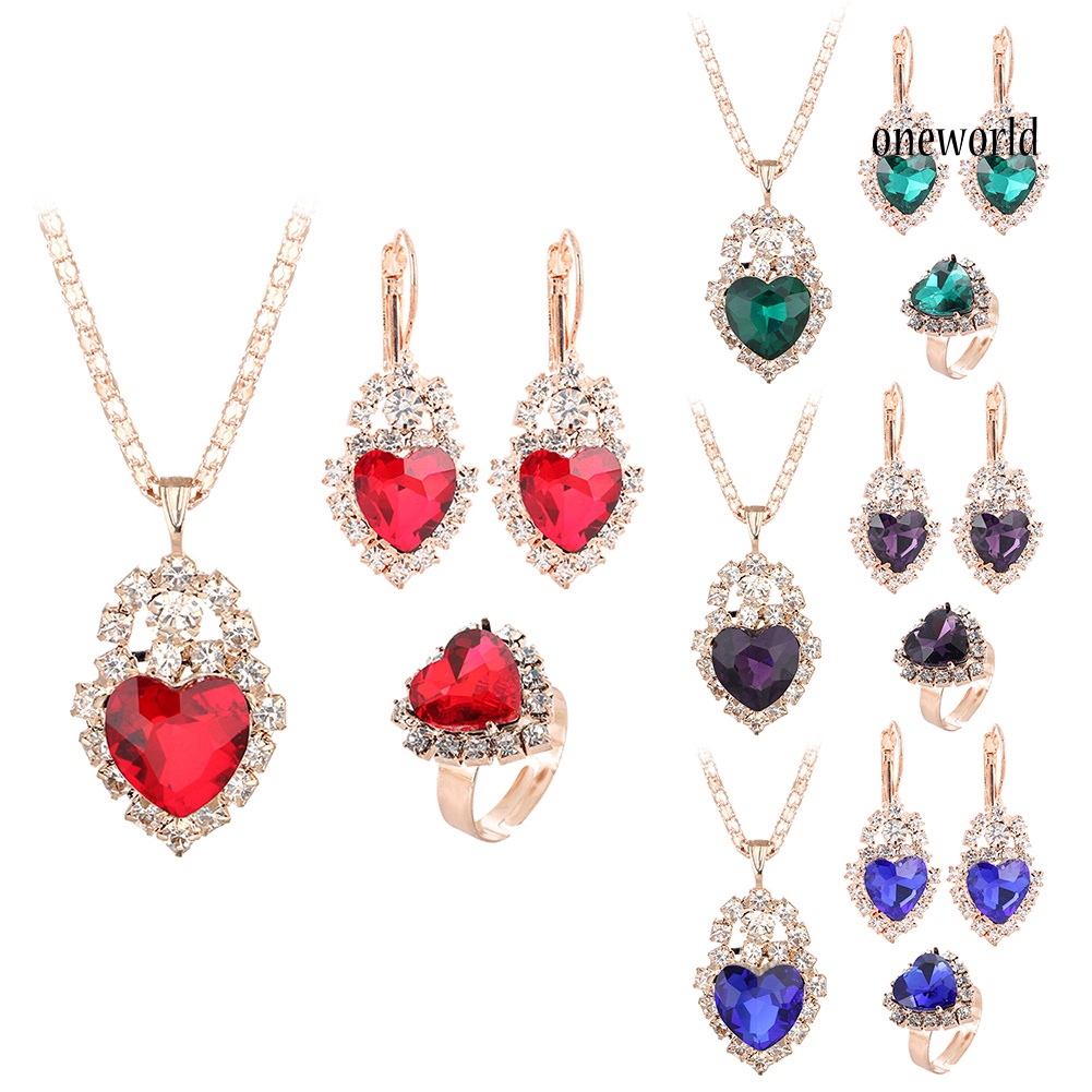 OW@ Wedding Heart Pendant Rhinestone Inlay Necklace Earrings Ring Bridal Jewelry Set