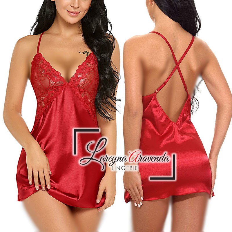 Set Lingerie + G String Seksi Model Lace Nightdress Sexy Suit Satin LG260