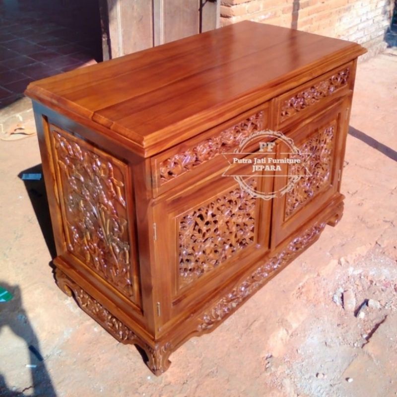 Meja Tv plus laci - Rak bufet Lemari kecil ukir Jepara kayu jati