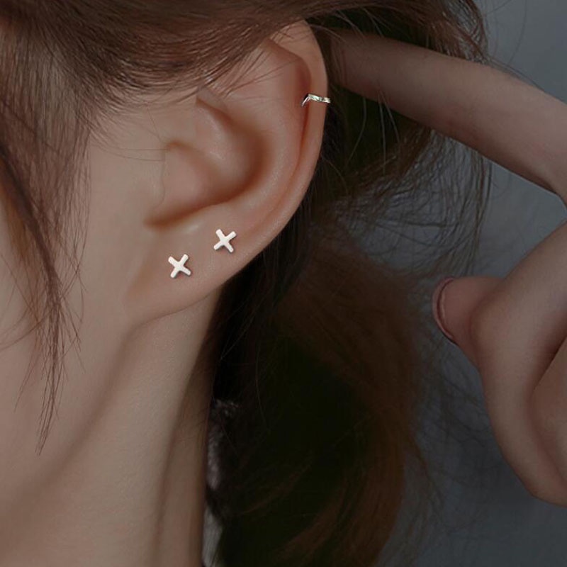 Papaozhu Korea s925 Perak Hypoallergenic Geometris Kecil Stud Anting-Anting Untuk Wanita Gadis Fashion Anting-Anting Kecil Pick Gratis Telinga Perhiasan