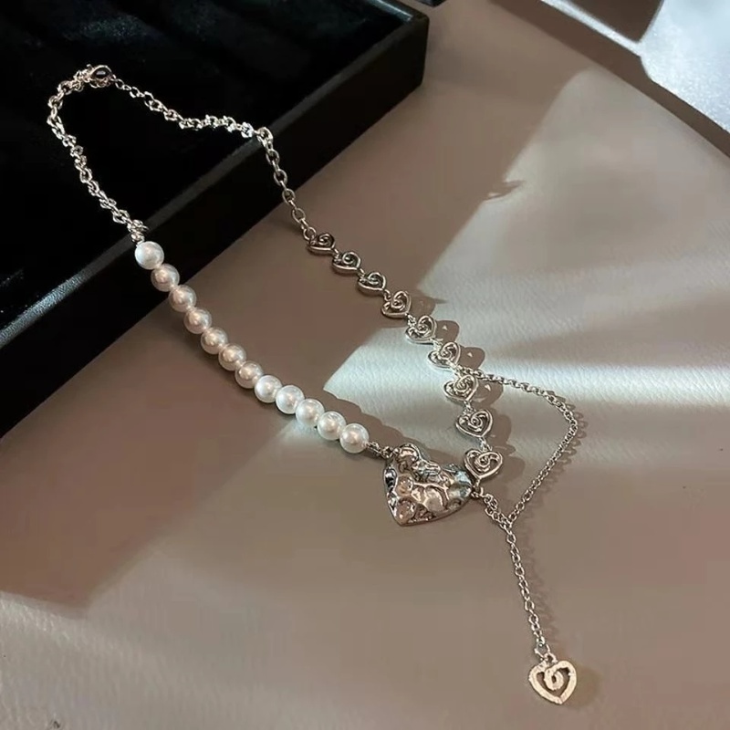 Kalung Rantai Klavikula Hias Liontin Hati Mutiara Gaya Vintage Untuk Wanita