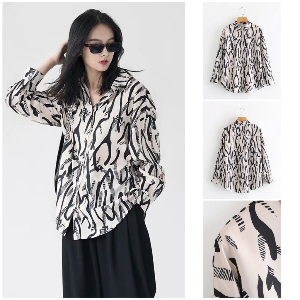 KEMEJA IMPORT WANITA LENGAN PANJANG MOTIF ABSTRAK IRREGULAR PREMIUM VEN9584