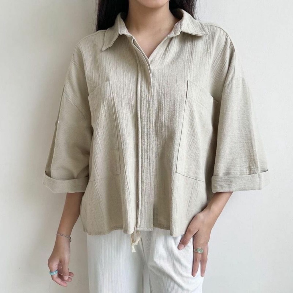 Tq88indonesia Fashion Baju Kemeja Wanita Lengan 3/4 COZIE LINEN CRINCLE OVERSIZE SHIRT / Kem / Hem Polos / Busana Casual Cewek / OOTD Kekinian