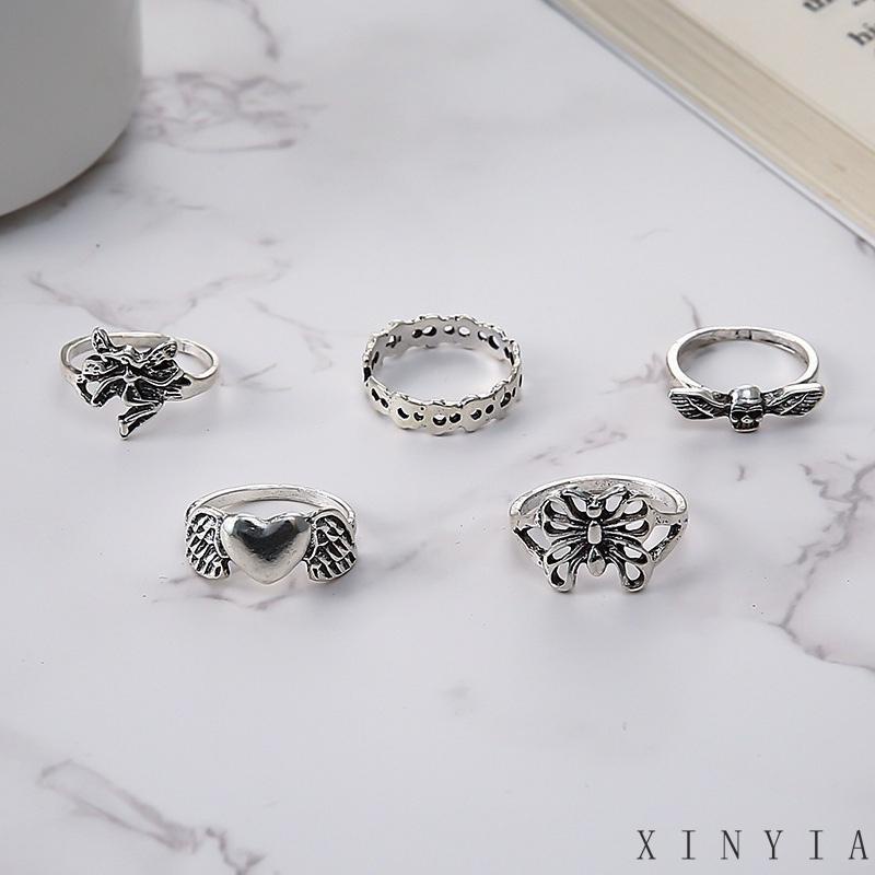 【COD】5pcs / Set Cincin Model Terbuka Desain Kupu-Kupu Hati Hollow Out Gaya Vintage