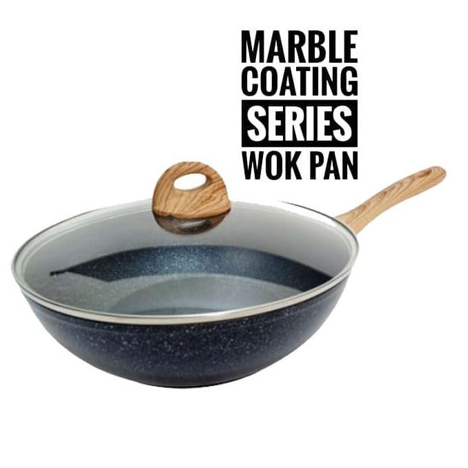 Wok Pan Anti Lengket YOSHIKAWA Marble Ceramic Wok Tutup Kaca 28 cm