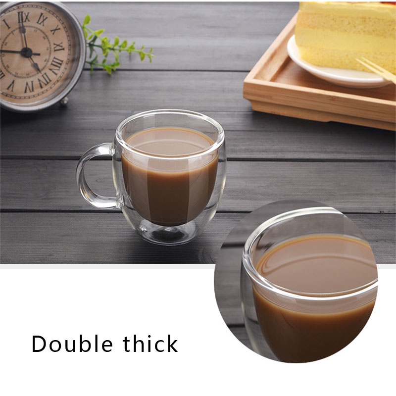 Cangkir Mug Kopi Dinding Ganda Anti tangan melepuh Anti Panas Double-Wall Glass Round 160ml cangkir beling kaca bening Glass Coffee Cup High Borosilicate with Hand Espresso Glass Cup Cup Hot Milk Cup Glassware Drinkware Tumbler Cups