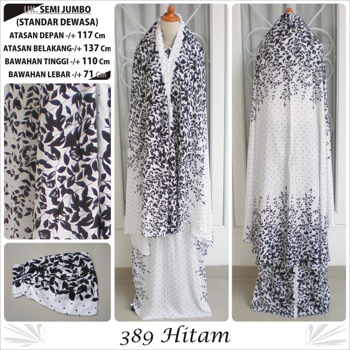 ORIGINAL Mukena bali katun rayon motif daun hitam 389 dasar putih semi jumbo TERBARU