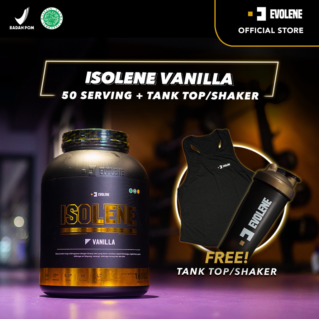 Isolene Vanilla 1650gr/50 Sachet GRATIS SHAKER - Kualitas premium - Suplemen fitness pembentuk Otot - Defisit kalori - Susu Protein - Suplemen Fitness - Minuman Protein - Suplemen Workout - Whey protein isolate Evolene Evoline Evolen