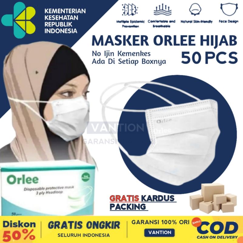 ORLEE Masker Headloop Hijab Medis 3ply 3 Ply Grade A Emboss Orle  ijin Resmi Kemenkes 1box isi 50pcs