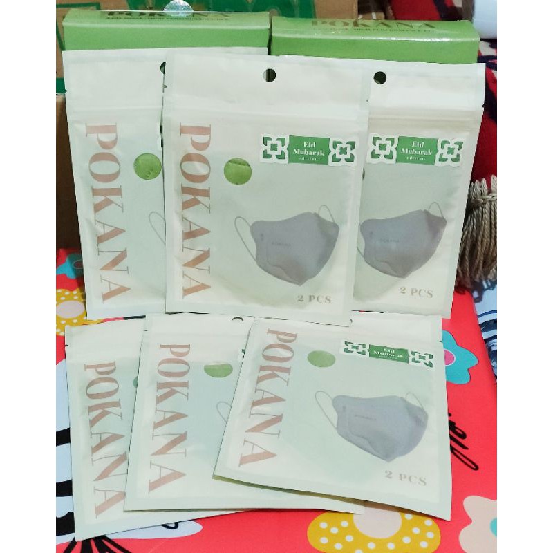 Pokana 3D 4ply Earloop per box edisi Eid Mubarak warna olive green
