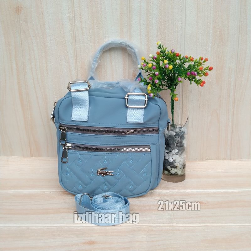 Tas slempang cibao 3ruangterbaru bahan motif bordir ukuran 21x25cm-Biru langgit