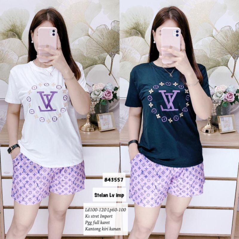 SETELAN PREMIUM KAOS ATASAN WANITA IMPORT BAJU KATUN MODIS LV KANTONG 843557