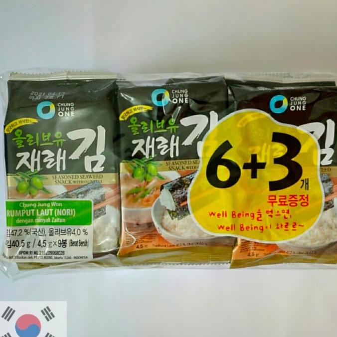 

(BISA COD) 6+3 Rumput Laut (Nori/Seaweed) Olive Oil Korea 9x4,5g | Chung Jung One BERGARANSI Kode 142