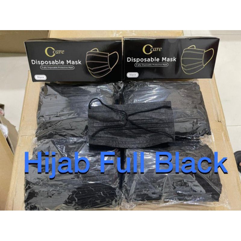 MASKER HITAM EARLOOP/HEADLOOP/3 PLY/ 1 BOX ISI 50