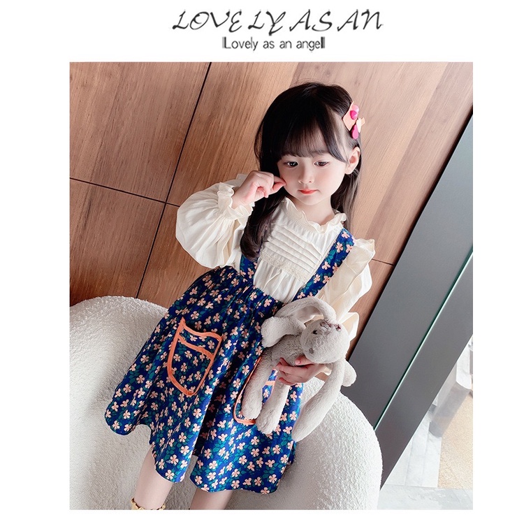 Dress import Anak Perempuan Gaun Pesta Korean Style Set 2in1 Motif Biru Bunga Pouch