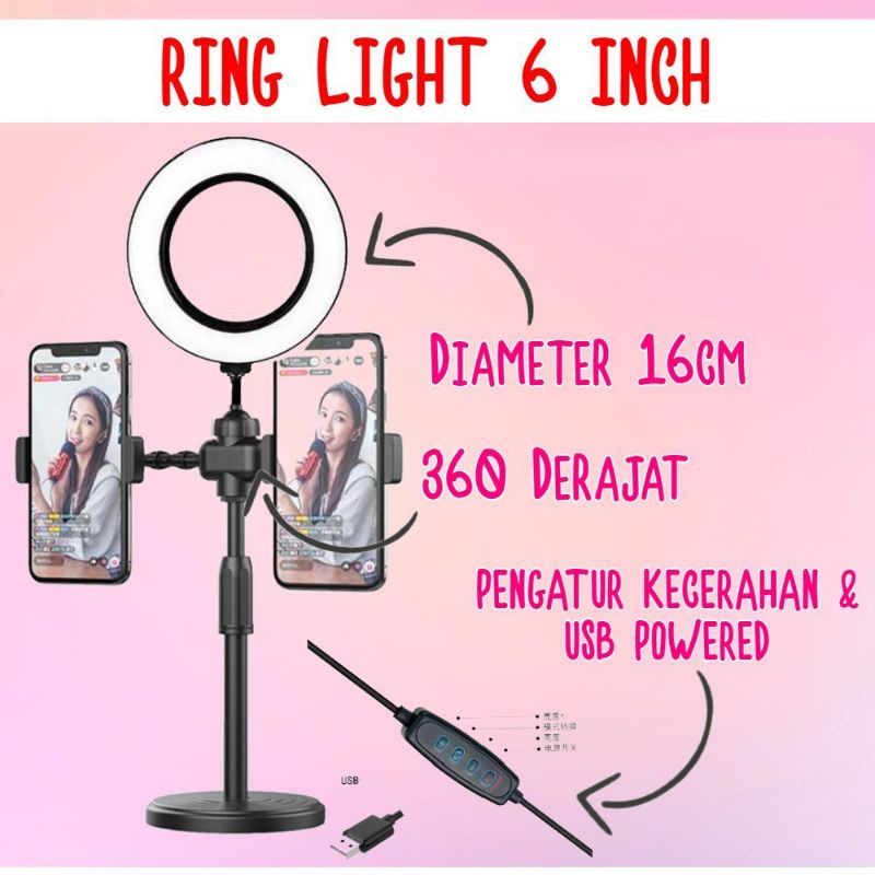 Lampu Tik Tok  ,  Selfie  , Stand Flexible Ring Light 49CM Stand Holder , Lampu Make Up MUA , Vlog Lampu , LED 6 In