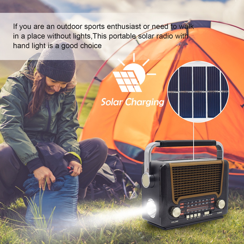 Radio fm bluetooth/AM/SW Radio jadul Player Radio Portabel Retro Solar Pengisian denganSenter Kartu Radio Speaker Bluetooth 527BTS