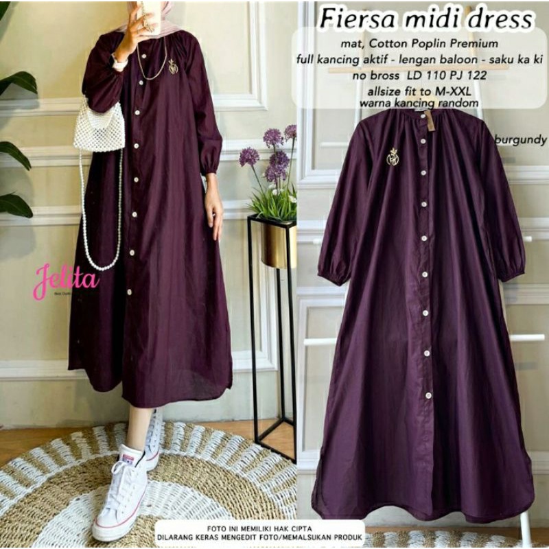 Fiersa MIDI Dress LD 110 FIT To XL / Gamis Katun poplin Polos / Gamis Ibu Busui Model Kekinian