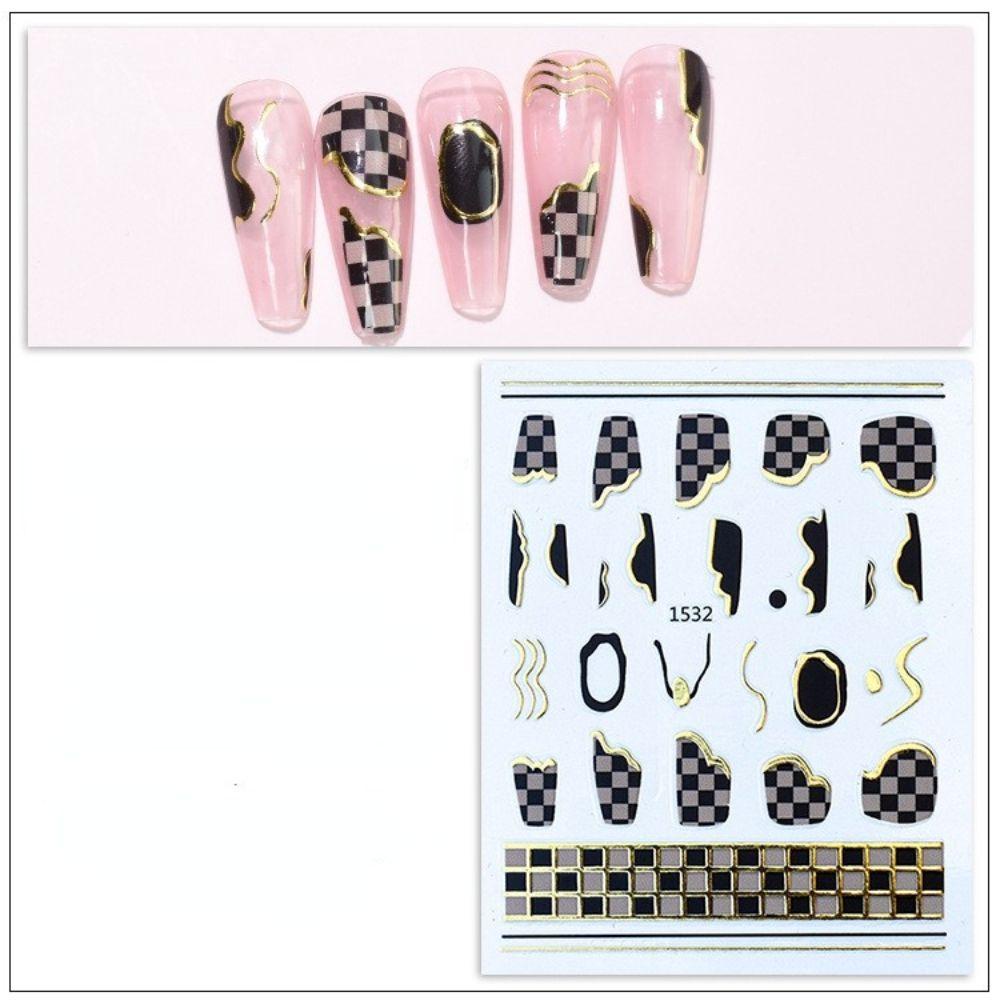 Mxbeauty Stiker Kuku Perekat Stamping Emas Kotak-Kotak Kuku Kecantikan DIY Stiker Kuku Nail Art Decals Nail Art Watermarks