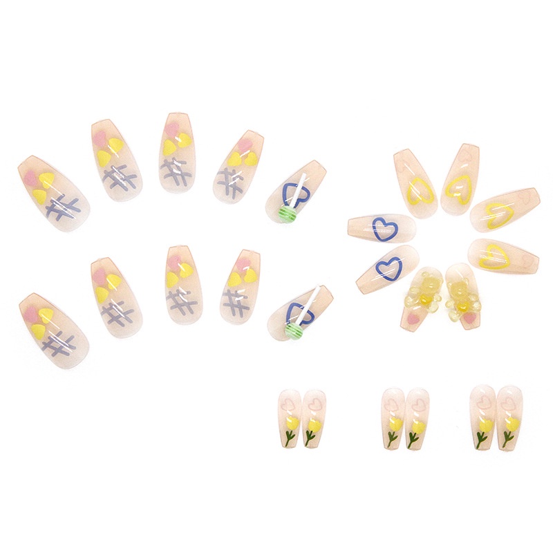 24pcs / Kotak Kuku Palsu Desain Beruang Lollipop Bunga Kecil Warna Kuning Untuk Dekorasi Nail Art