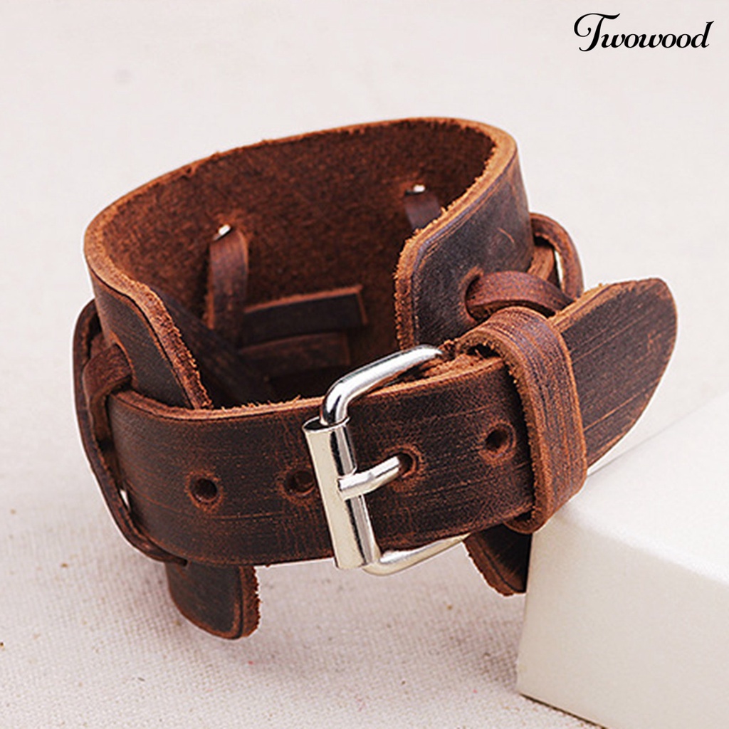 Gelang Bahan Kulit Imitasi Dengan Buckle Metal Adjustable Gaya Punk Rock Untuk Pria