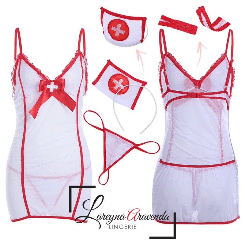 Set Lingerie + Bando + G String Seksi Model Kostum Gaun Suster LG233