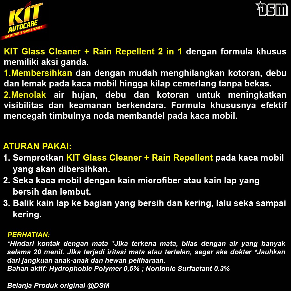 KIT Glass Cleaner Rain Repellent 500ml / Membersihkan Kaca Mobil Dan Tolak Air Hujan / DSM