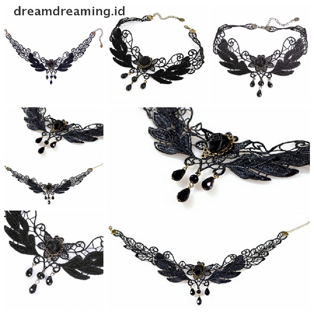 Dreamdreaming.id Kalung Choker Wanita Bahan Lace Hias Mawar Hitam