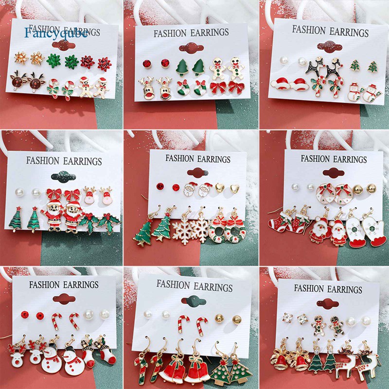 Fancyqube 6 Pasang / Set Anting Desain Kartun Pohon Natal Gingerbread Man Snowflake Untuk Wanita