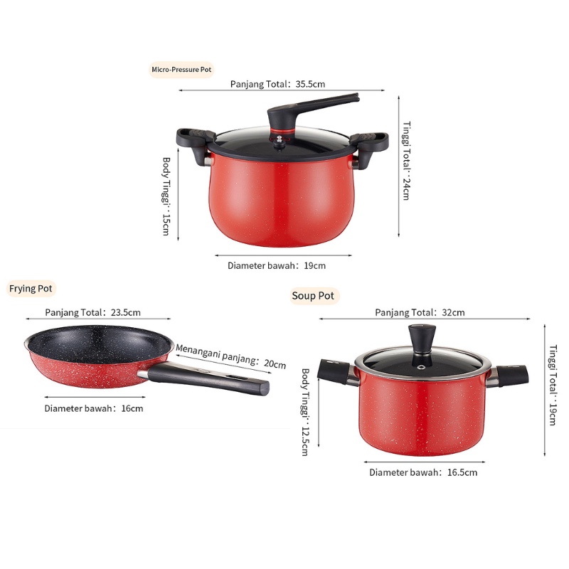 CEO Panci Penggorengan Panci Presto dan Soup Pot Set isi 3 Colorfull Anti Lengket dan Multifungsi