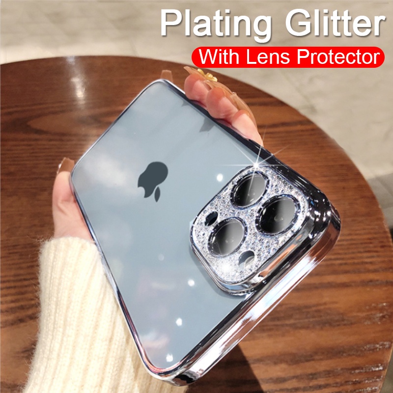 Luxury Glitter Diamod Lens Protector Transparent Case For iPhone 11 12 13 Pro Max Xs max XR Plating Soft Clear Silicone Shockproof Cover