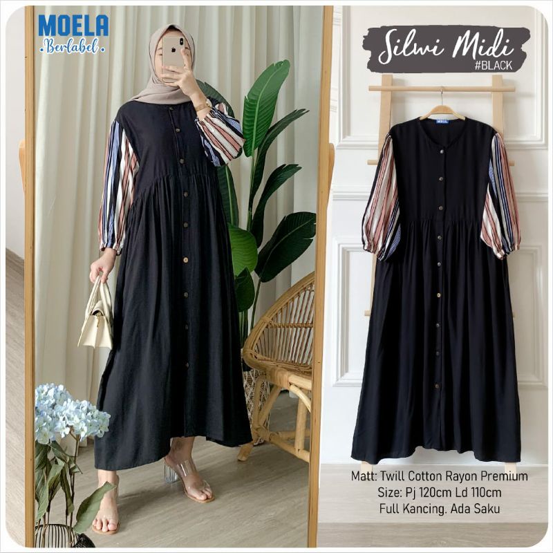 SILWI MIDI BAHAN TWILL CATTON RAYON PREMIUM LD 110CM PJ 120CM BY MOELA/MIDI/DRESS/FASHIONMUSLIM/HAUL