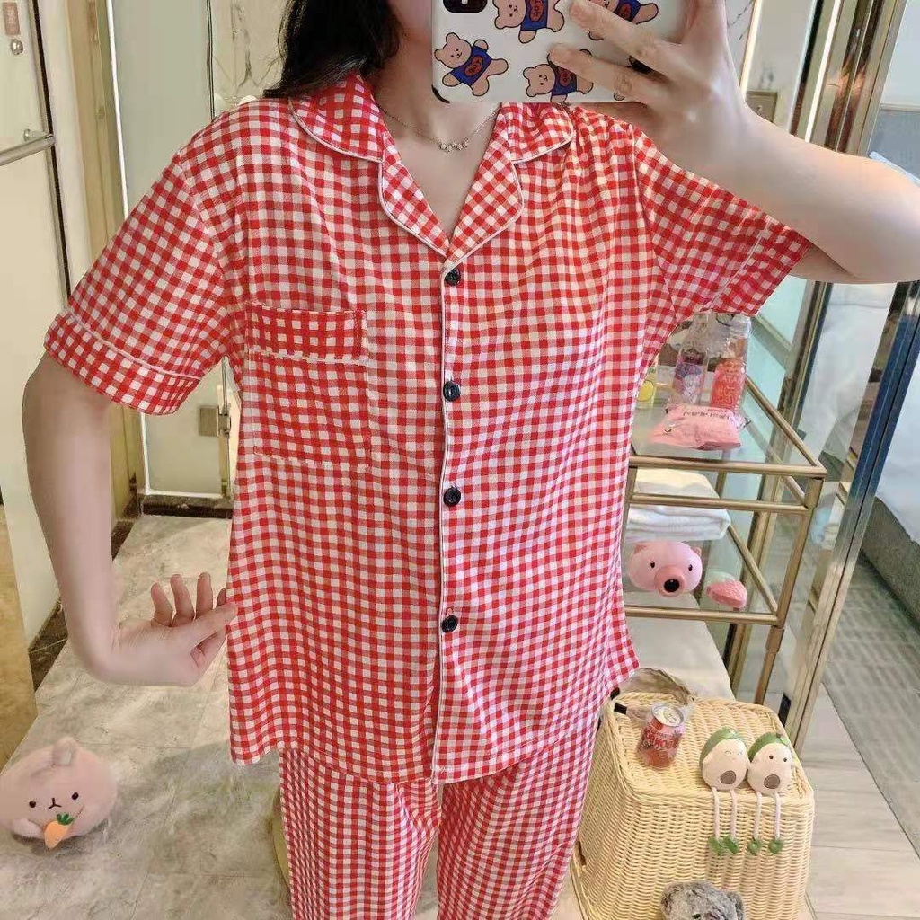 Baju Tidur Wanita Dewasa Piyama Set Kekinian Model Kemeja CP Kotak Series Import-KotakMerahKecil