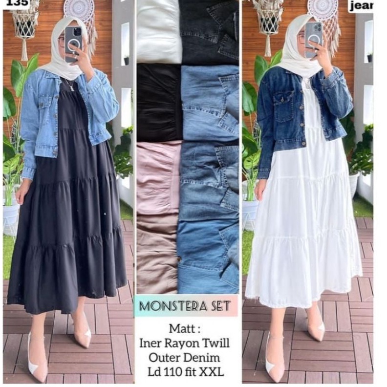 (BISA COD)ARMENIA MONSTERA  MIDI SET 2IN1 JAKET JEANS/NAOMI SET / MIDIDRESS  MIX JAKET JEANS/MAXI 2 