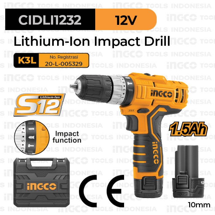 Mesin Bor Impact Cordless 12V INGCO CIDLI1232