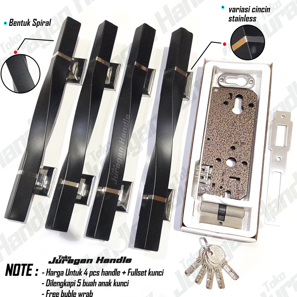 paket lengkap handle pintu rumah 35 cm dan kunci pintu tarikan pegangan pintu minimalis gagang pintu set kunci model spiral hitam