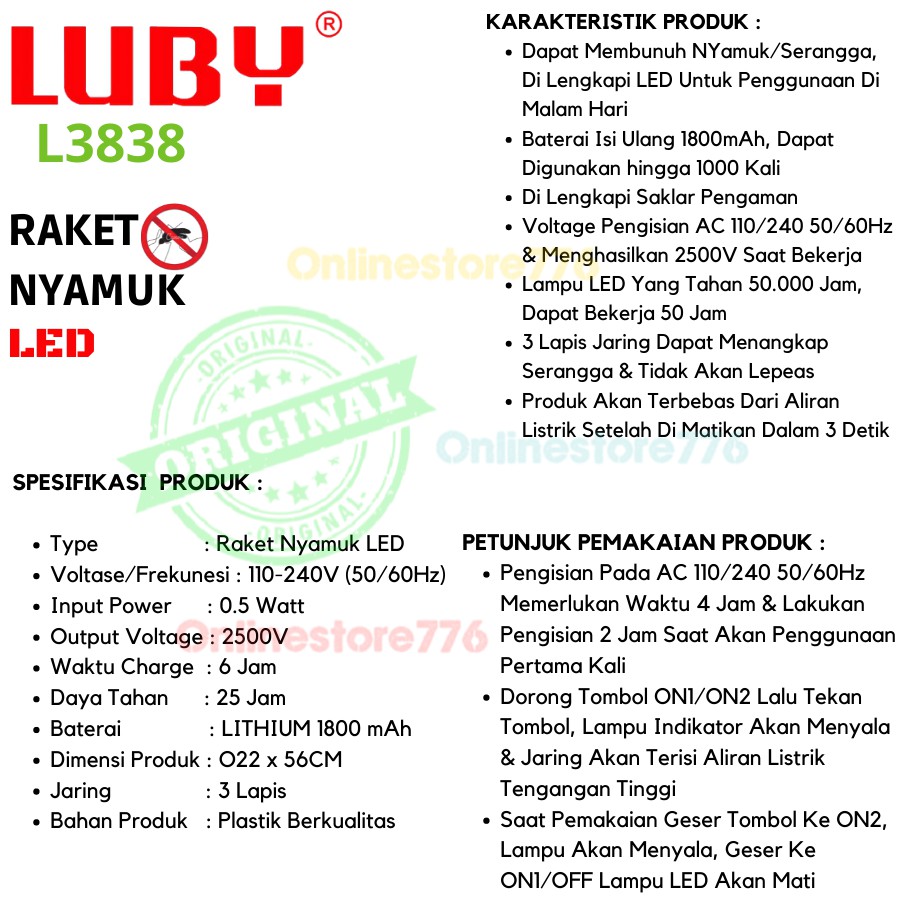 RAKET NYAMUK LUBY L3838 / PERANGKAP NYAMUK / RAKET NYAMYUK / NYAMUK / L3838 / L3838A / RECHARGEABLE