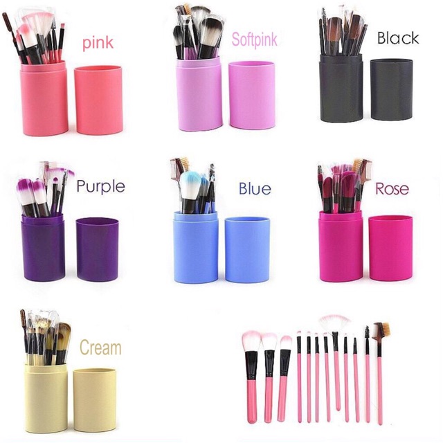 KUAS MAKEUP SET 12 PCS 12 PCS MAKE UP TABUNG KUAS FONDATION - PINK