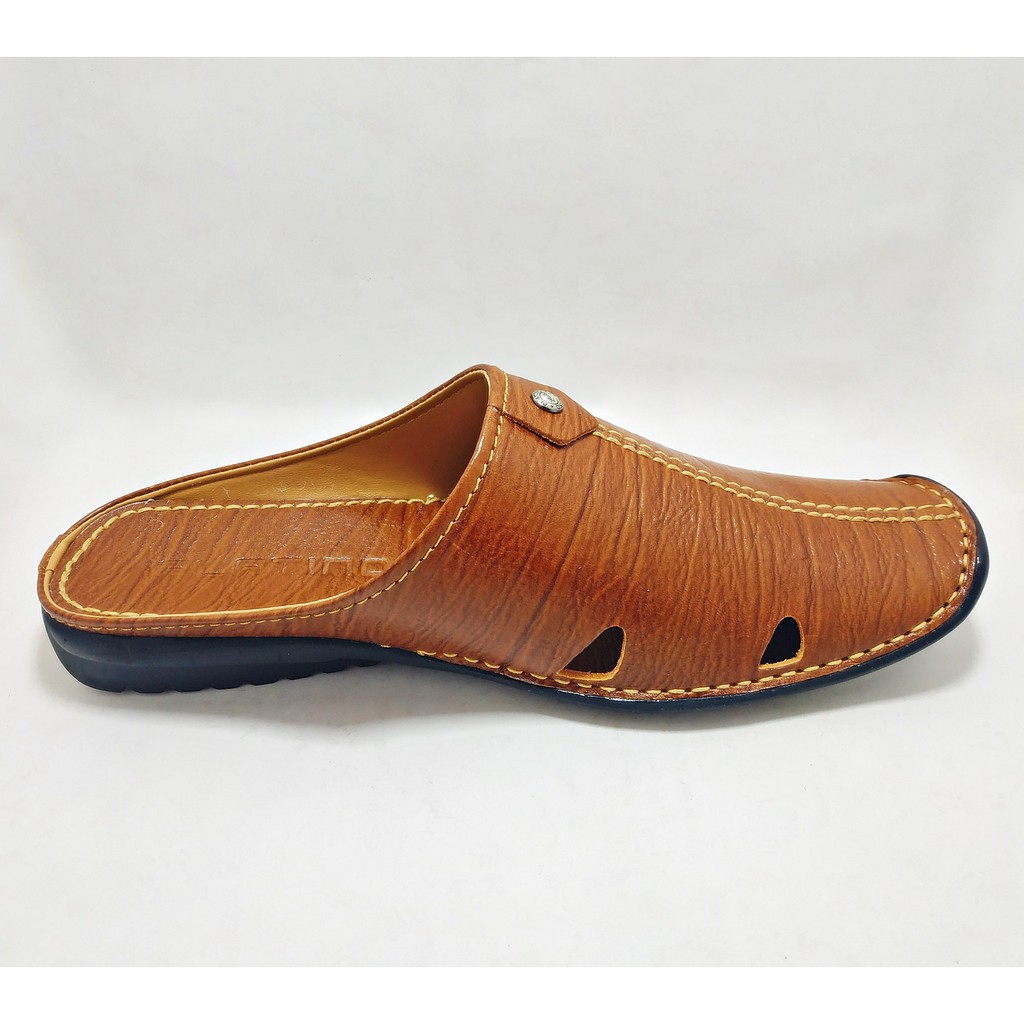 Sepatu Sandal Slip On atau Bustong Slop Pria Berbahan FULL 100% Kulit Asli Selop Tekstur Serat Kayu - PLATINO